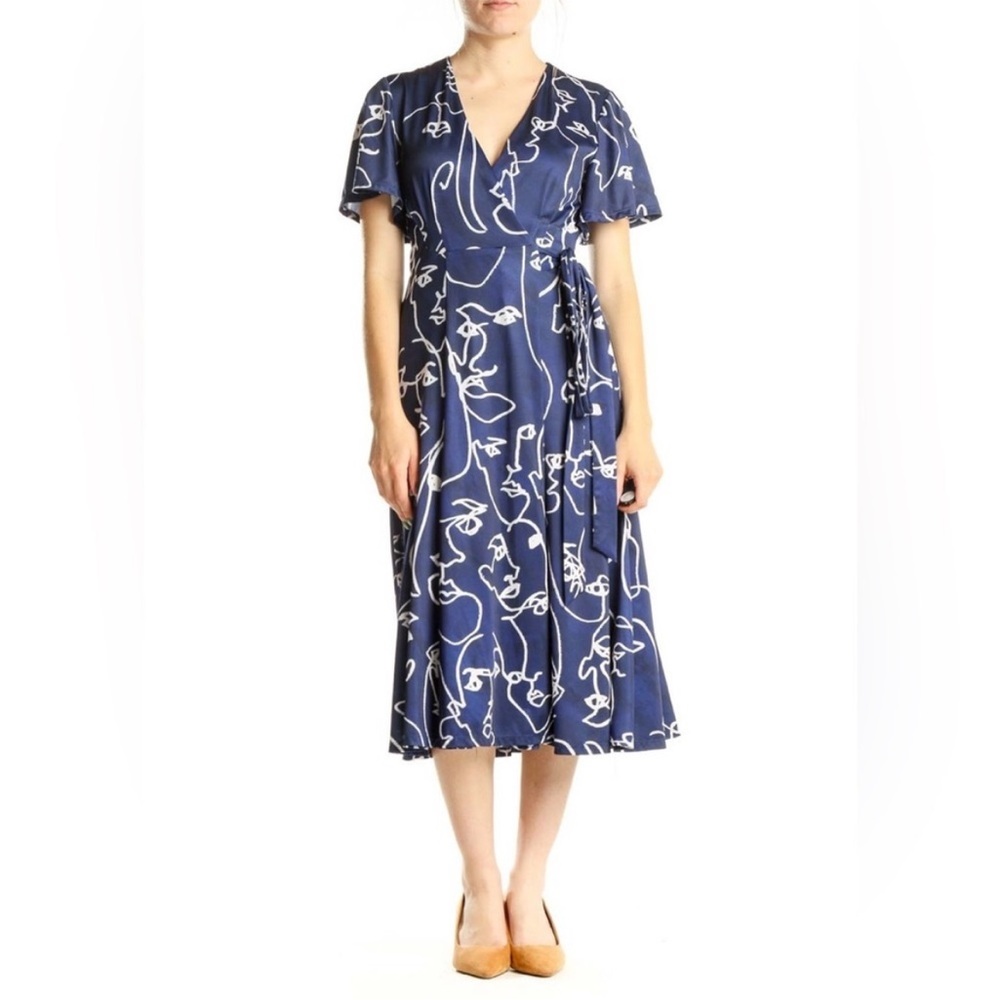 Hutch Navy White Jersey Face Line Drawing Abstract Midi Wrap Dress Casual 0X